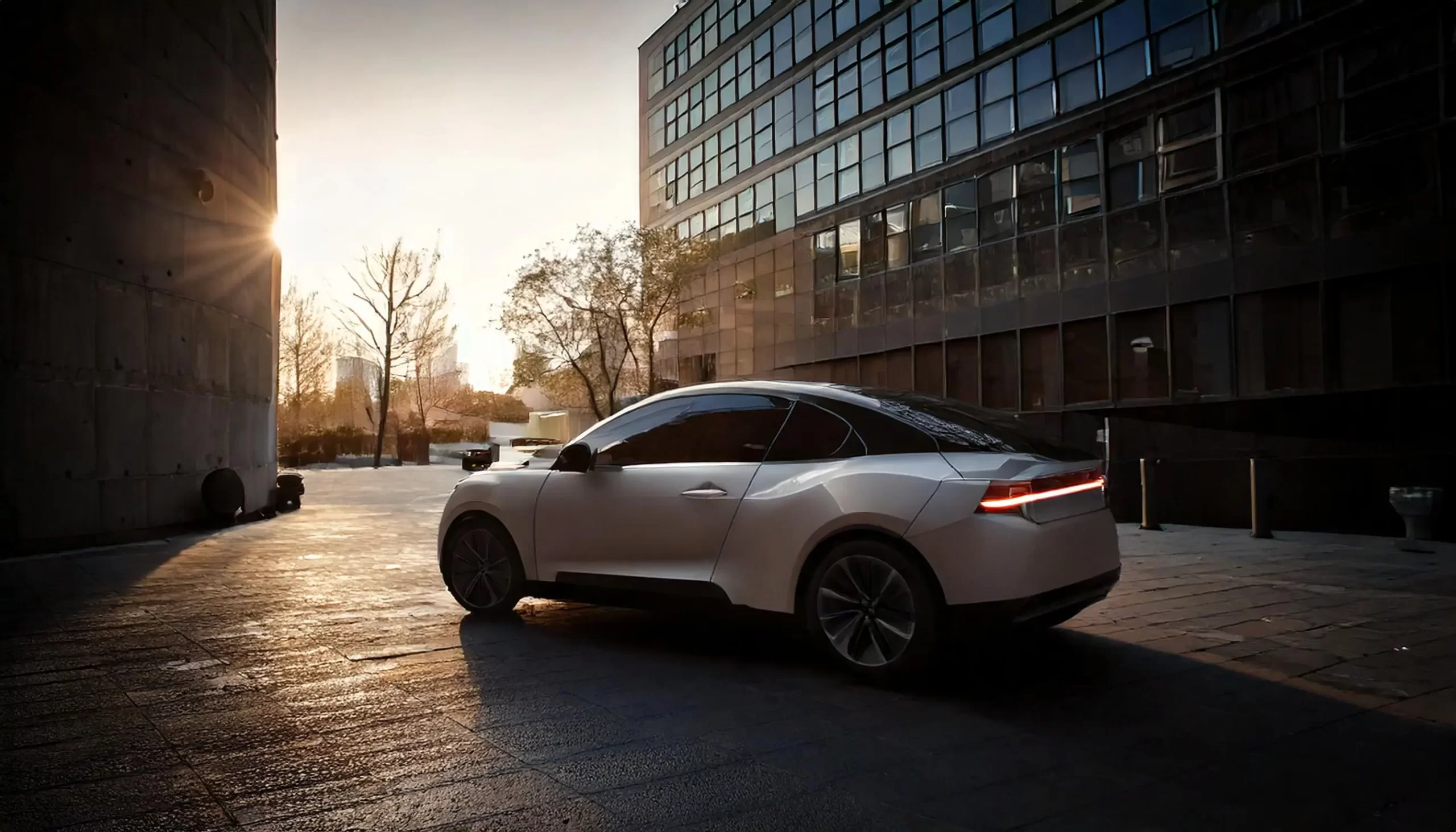 Imagem ilustrativa: carro elétrico futurista em estacionamento