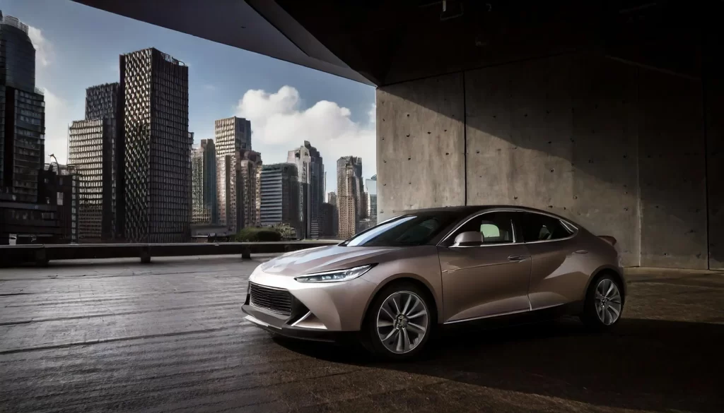Imagem ilustrativa: carro elétrico futurista em estacionamento