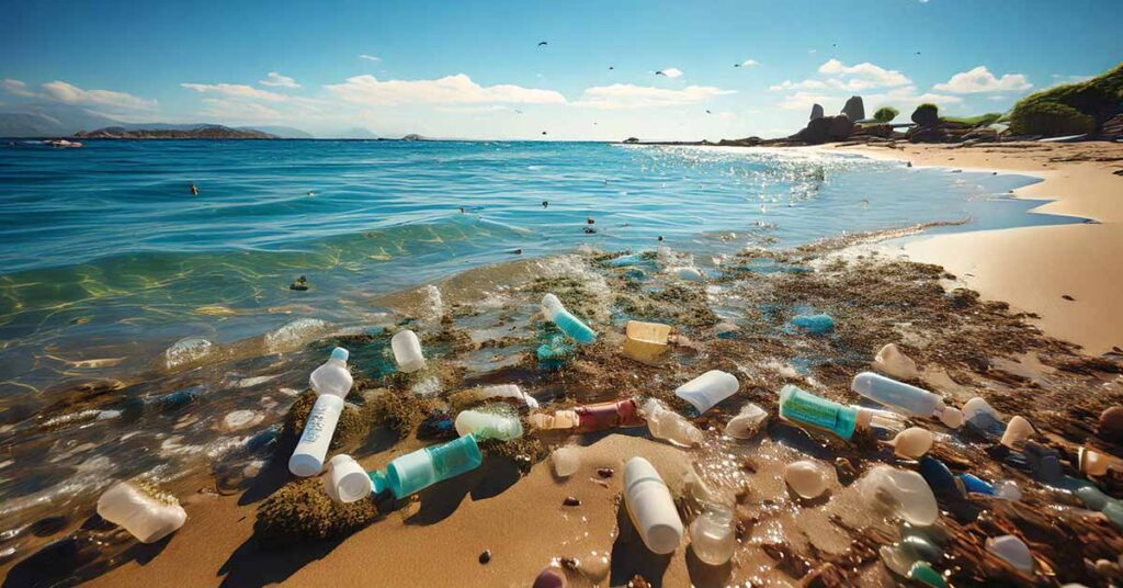 praia mostrando o impacto ambiental dos cosméticos